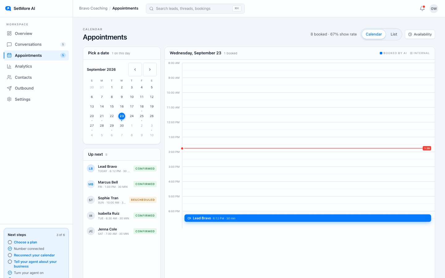 The Appointments screen listing upcoming and past booked calls with their times and outcomes.