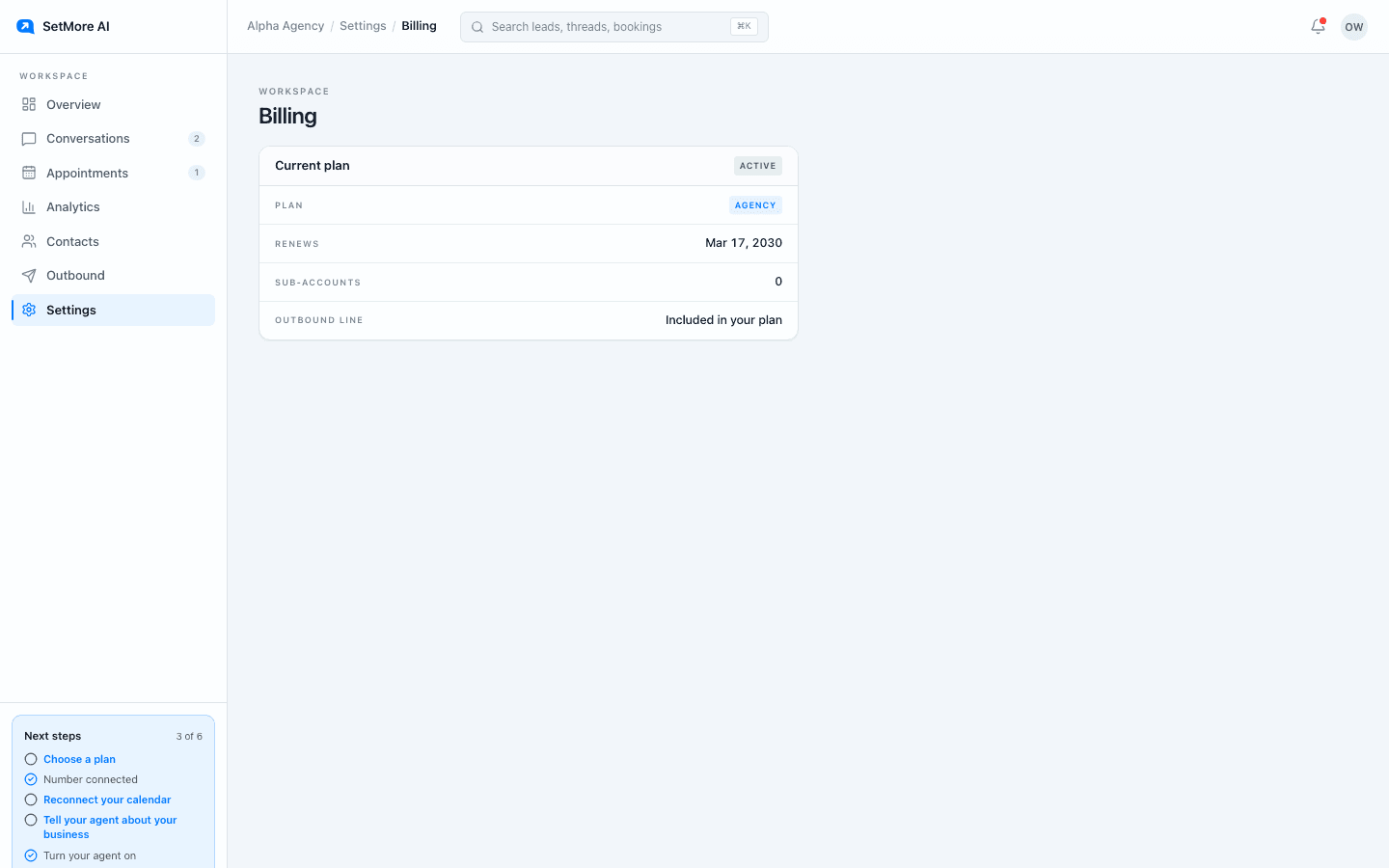 The billing page showing the current plan, renewal date, seats and the button that opens the billing portal.