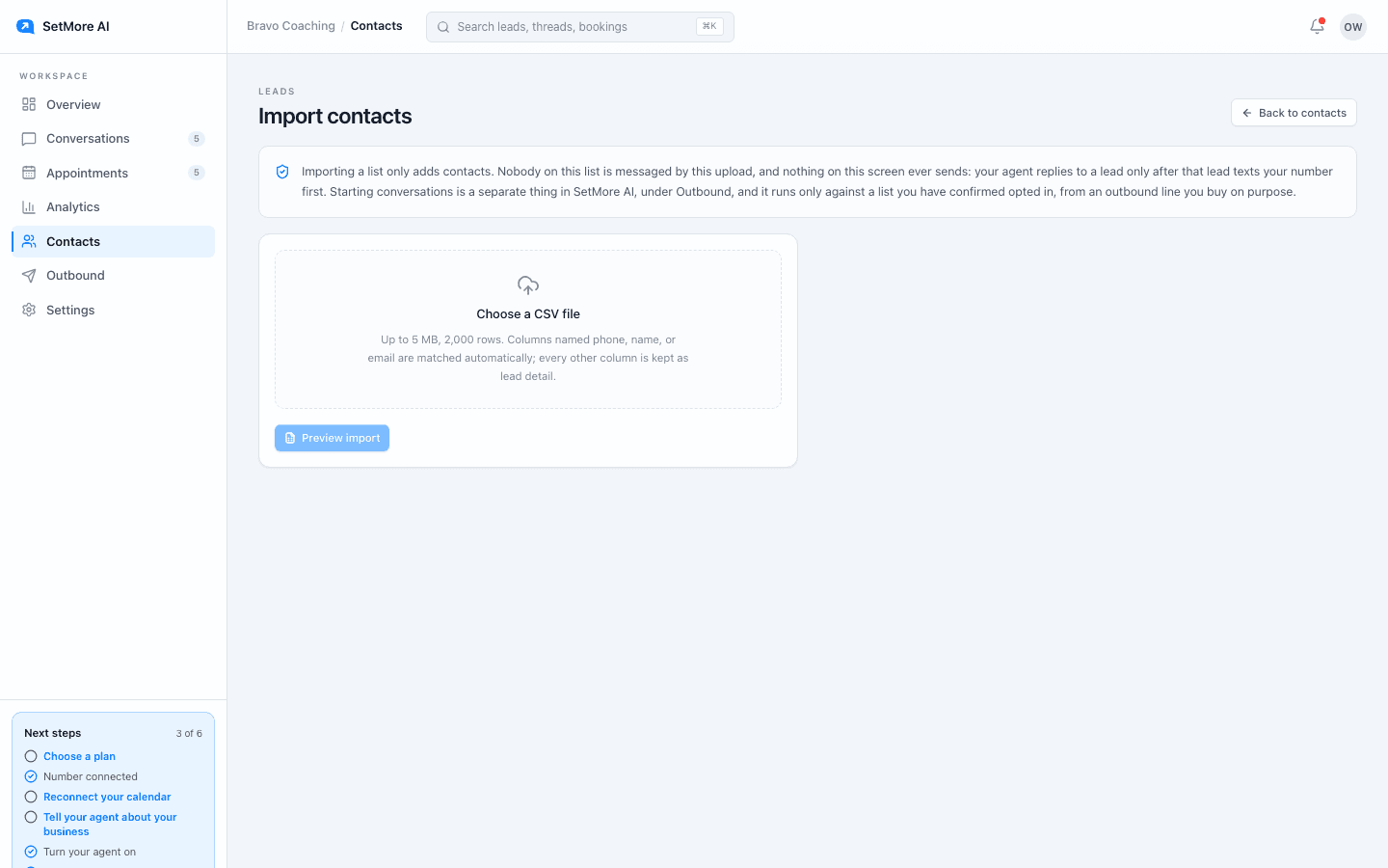 The Import screen: choose a CSV, see how many rows are ready and how many need a look, then import.