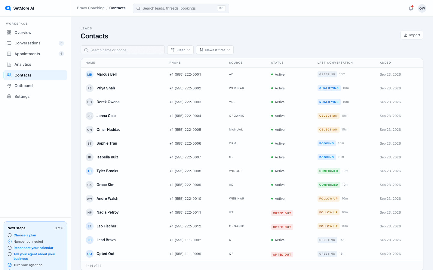 The Contacts screen: a table of names, phone numbers, source, status, last conversation state and date added, with Filter, sort and Import controls.
