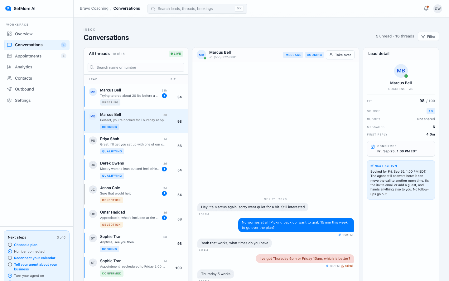 A conversation thread with the Take over button at the top right and the lead detail panel beside it.