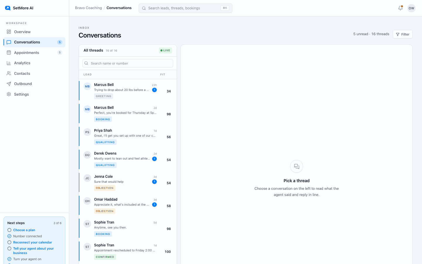 The Conversations inbox: a list of threads with names, last message, status badges and fit scores, and an empty thread panel prompting you to pick one.