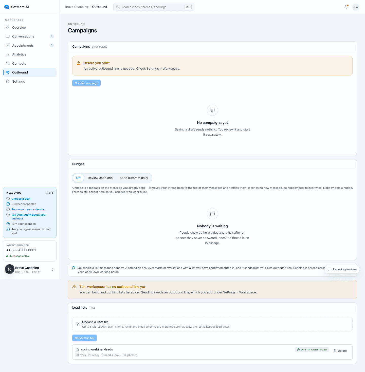 The Outbound screen: an Upload a list panel, the lead lists table with an opt-in confirmed badge, and the Campaigns panel.