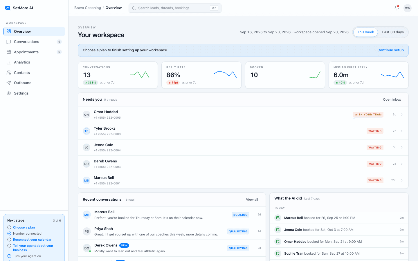 The Overview screen: conversations, reply rate, booked calls and median first reply for the week, with recent conversations and a feed of what the AI did.