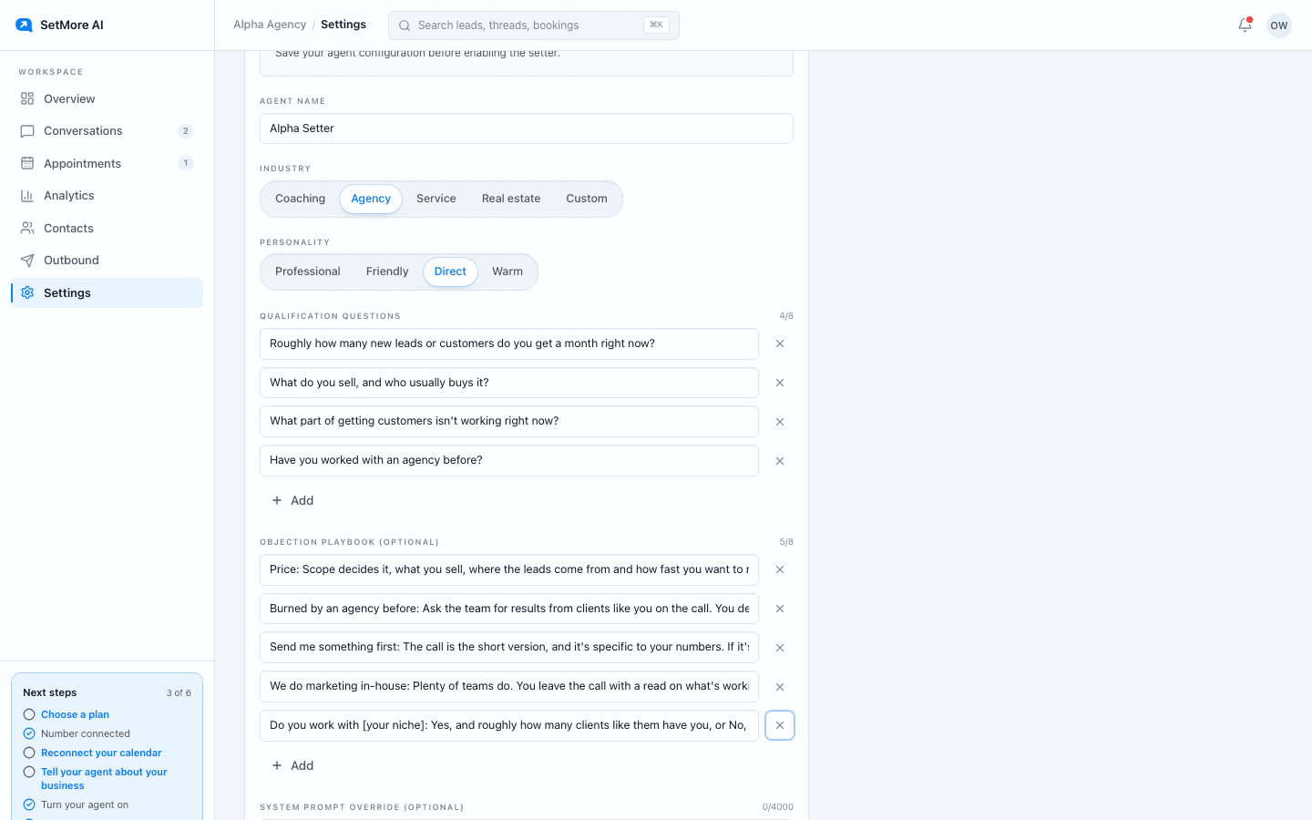 The Agent tab in Settings with Industry set to Agency, Personality set to Direct, and the agency questions and playbook entries filled in.