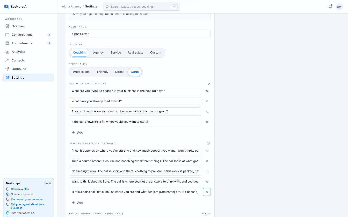The Agent tab in Settings with Industry set to Coaching, Personality set to Warm, and the coaching questions and playbook entries filled in.