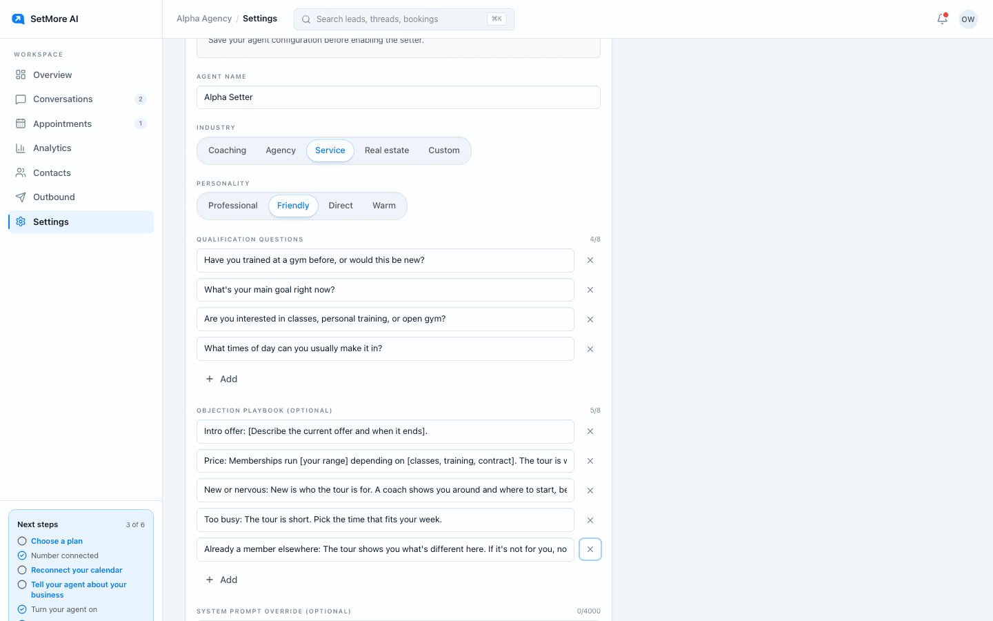 The Agent tab in Settings with Industry set to Service, Personality set to Friendly, and the gym questions and playbook entries filled in.