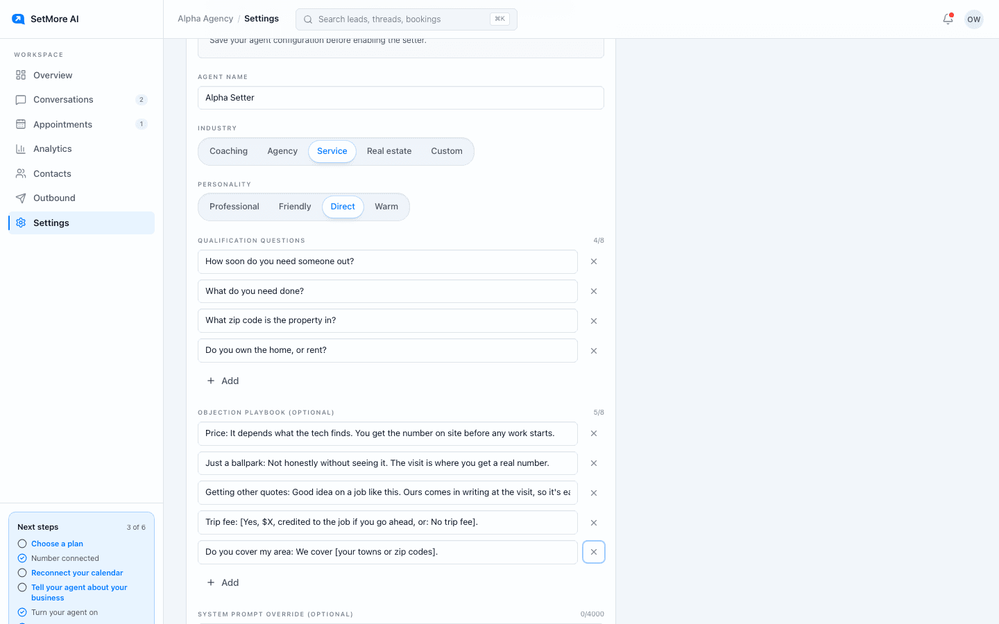 The Agent tab in Settings with Industry set to Service, Personality set to Direct, and the home services questions and playbook entries filled in.