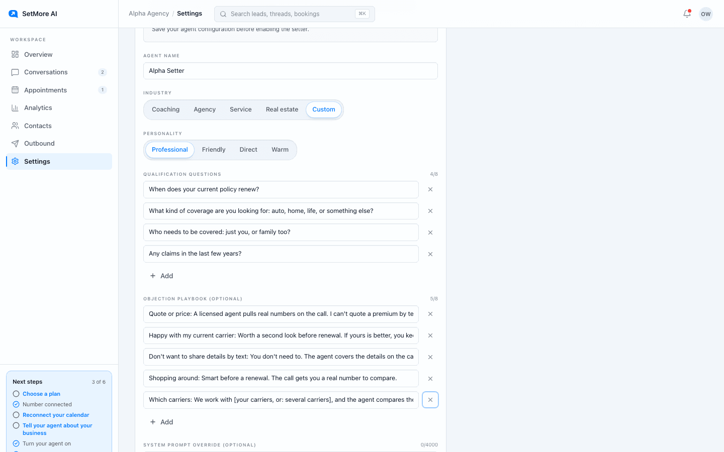 The Agent tab in Settings with Industry set to Custom, Personality set to Professional, and the insurance questions and playbook entries filled in.