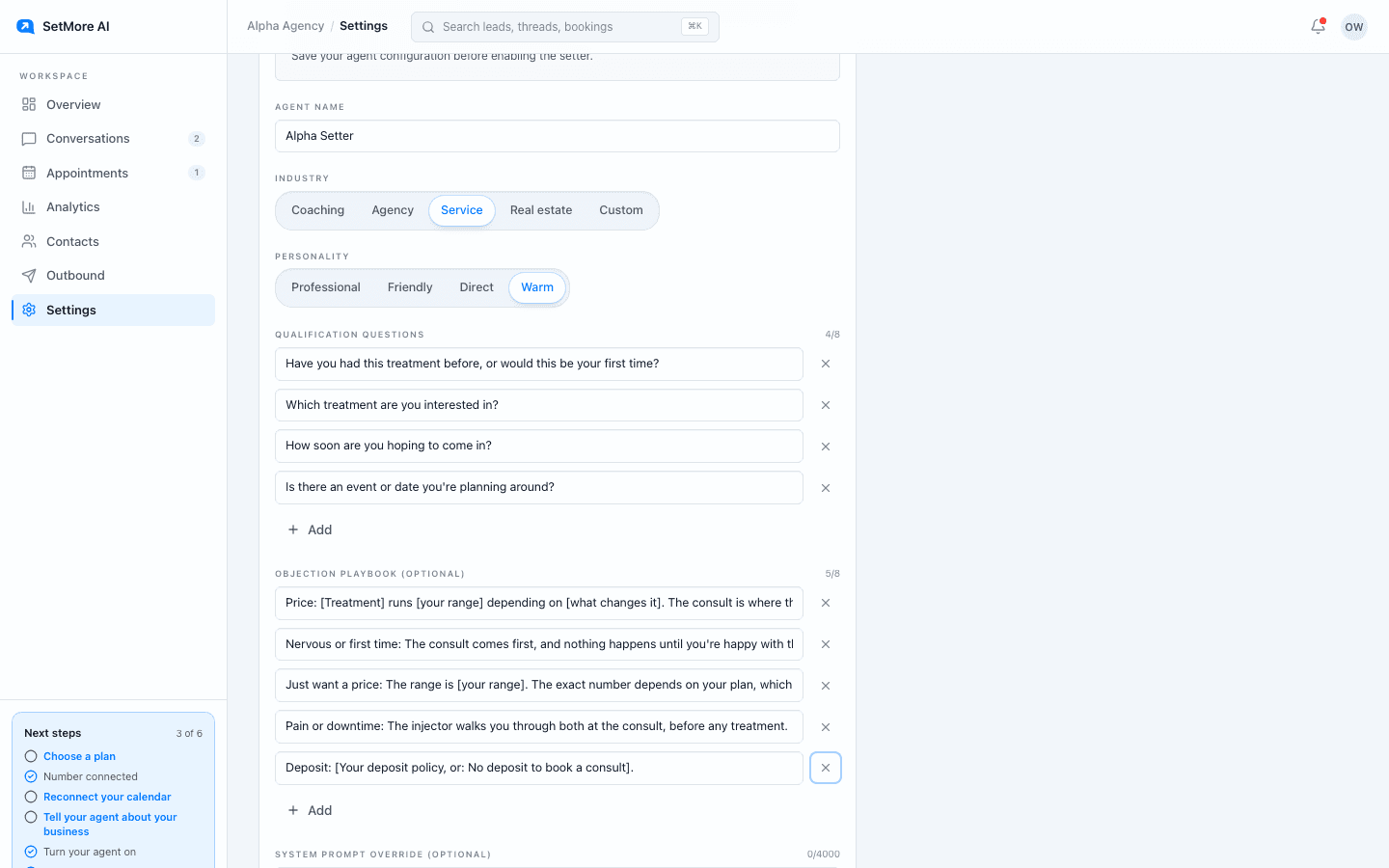The Agent tab in Settings with Industry set to Service, Personality set to Warm, and the med spa questions and playbook entries filled in.