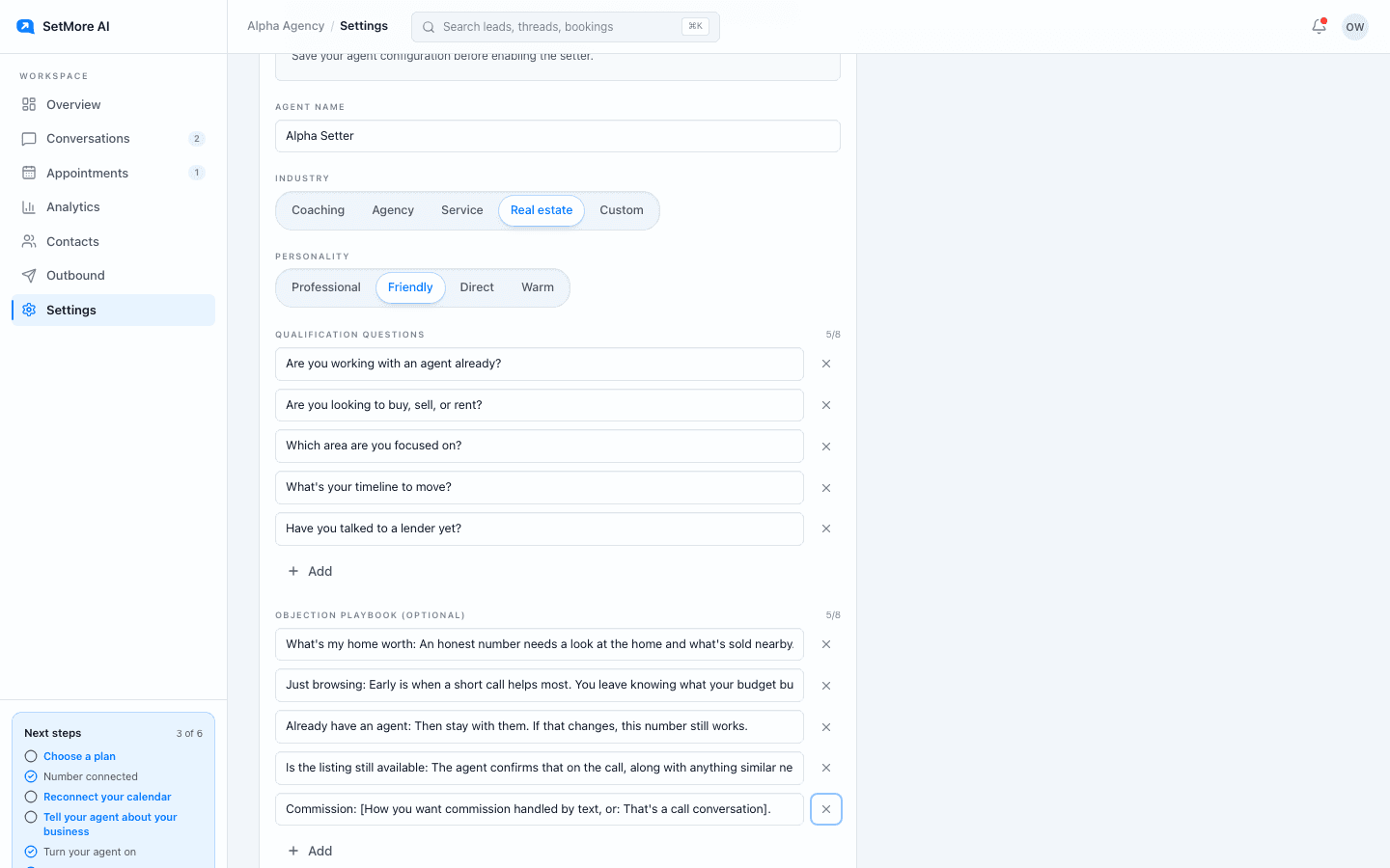 The Agent tab in Settings with Industry set to Real estate, Personality set to Friendly, and the real estate questions and playbook entries filled in.