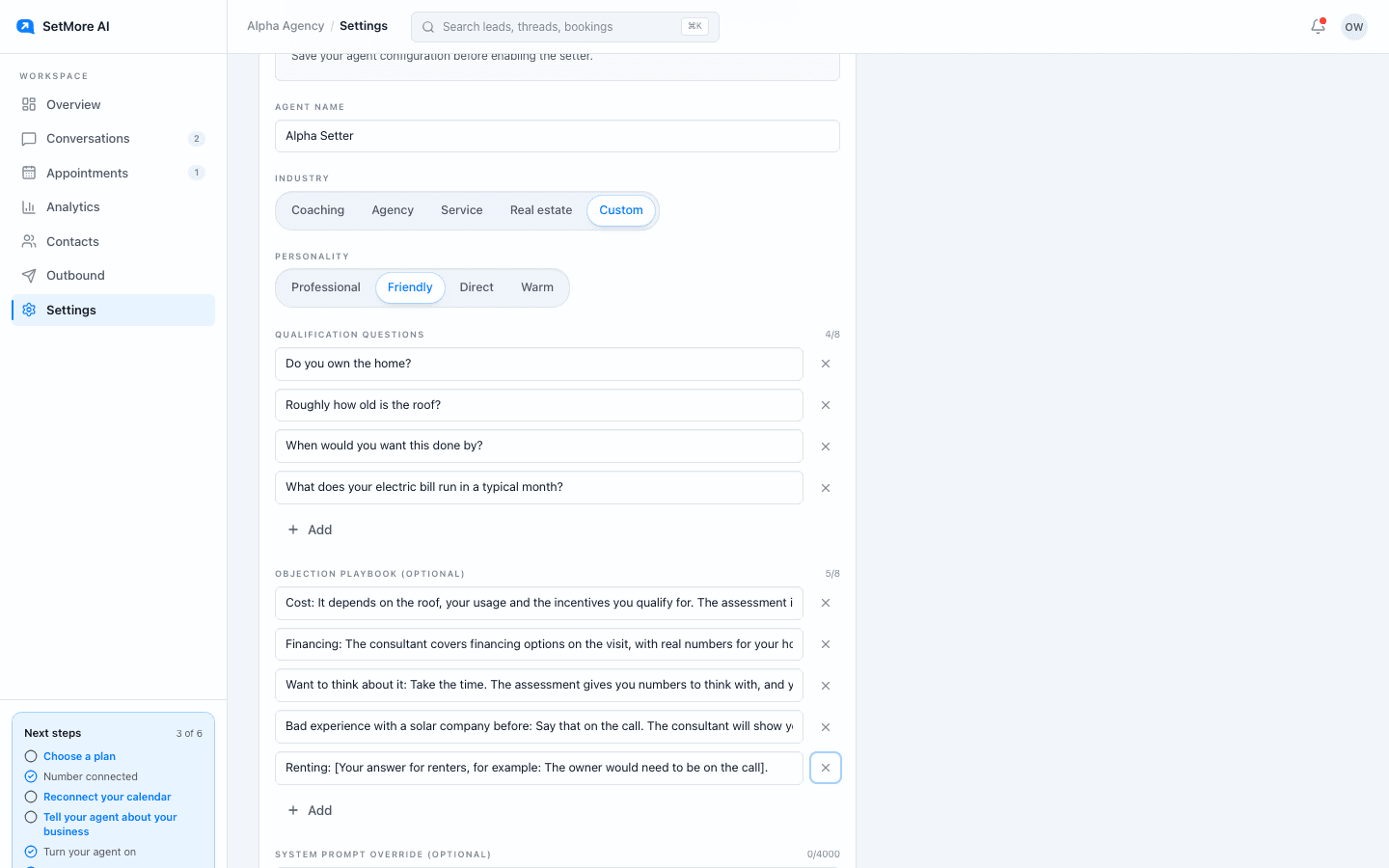 The Agent tab in Settings with Industry set to Custom, Personality set to Friendly, and the solar questions and playbook entries filled in.