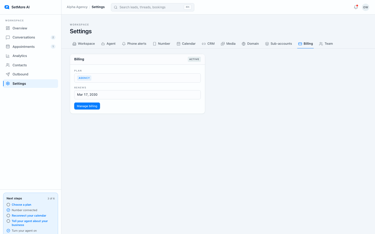 The Billing tab in Settings showing the current plan and the button that opens the billing portal.