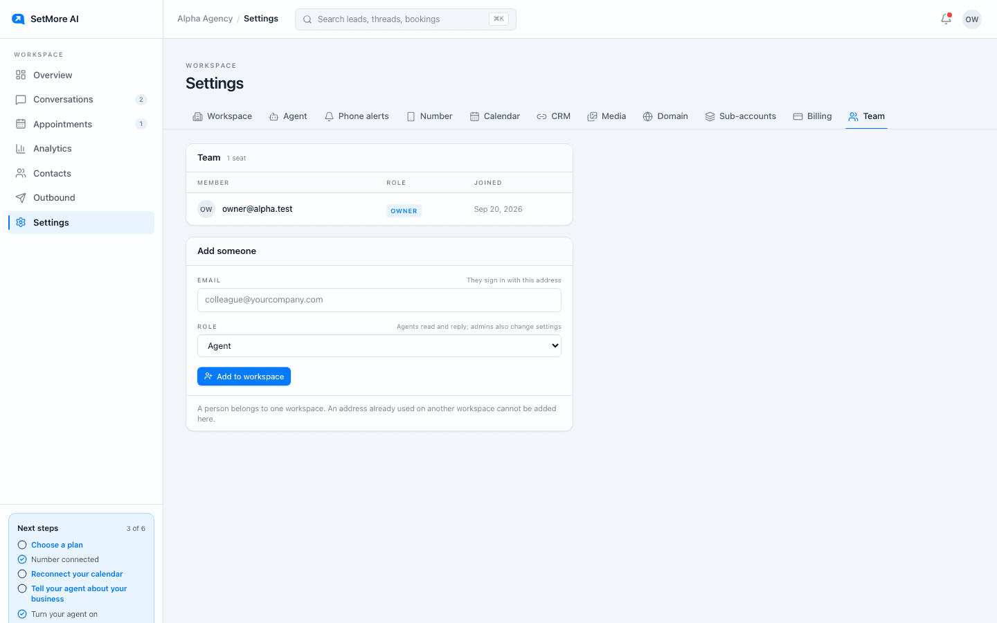 The Team tab in Settings listing each person with access, their role, and the date they joined.