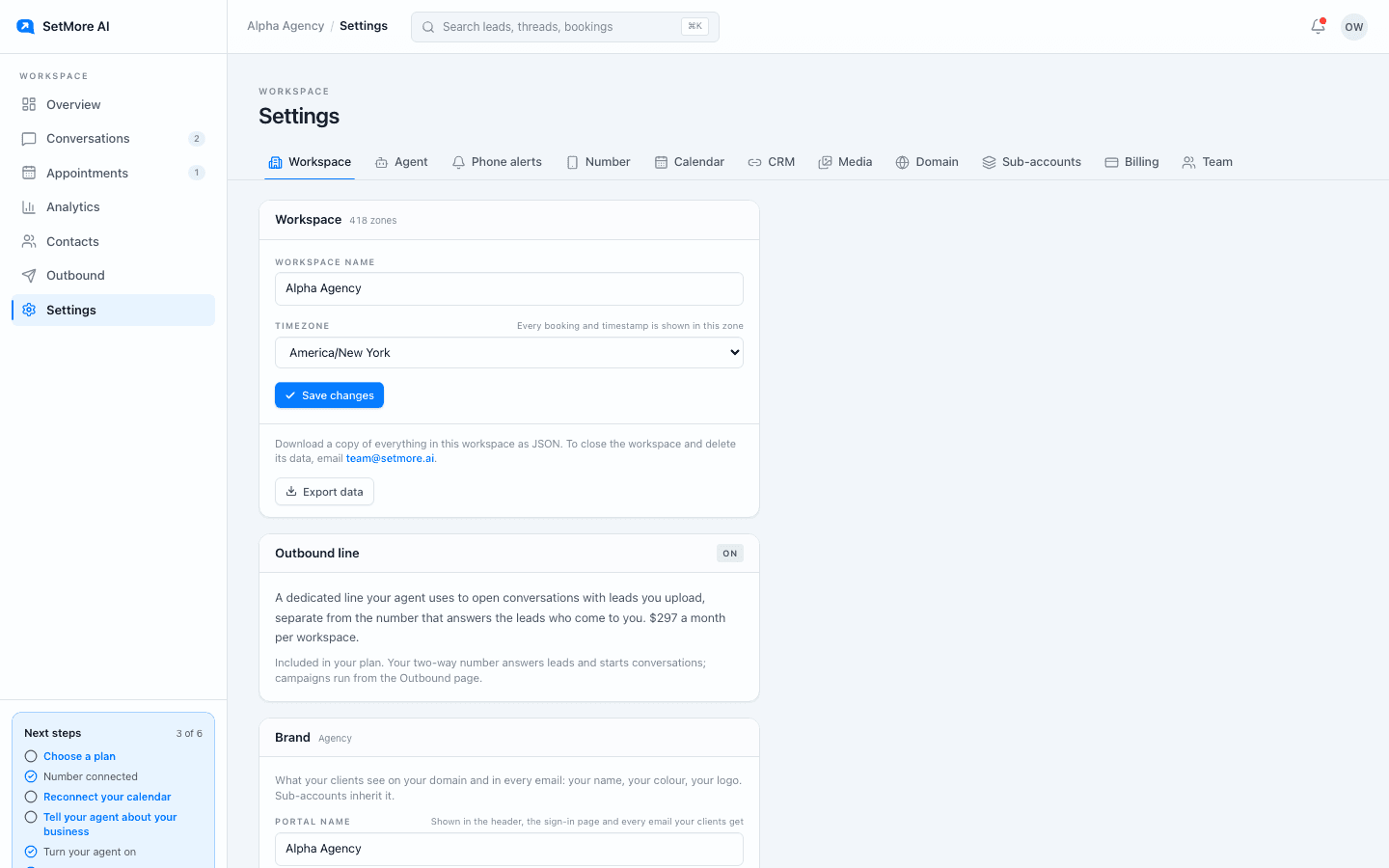 Settings, Workspace tab with the workspace name, the outbound line card and the start of the Brand section.