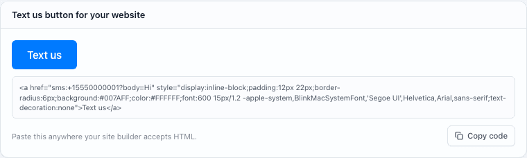 The Text us button for your website panel: a blue Text us button preview, the HTML snippet, and the Copy code button.